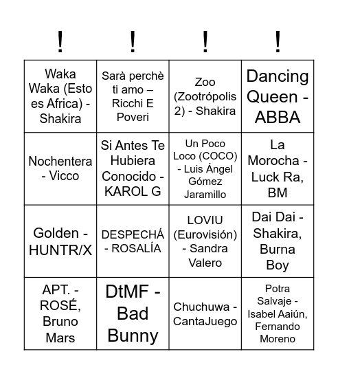 Bingo musical !!! Bingo Card