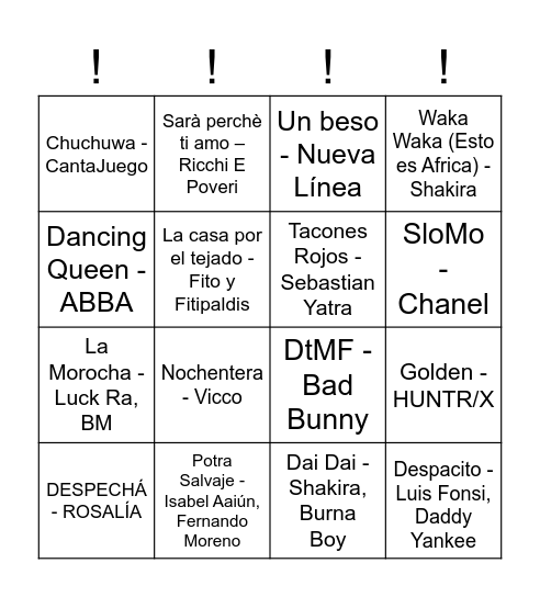 Bingo musical !!! Bingo Card