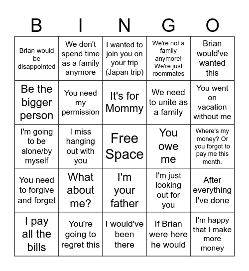 Narcissist quotes Bingo Card