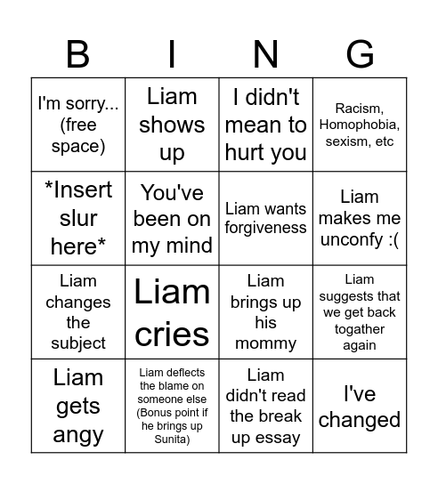 Sunday Bingo of Liam Unprodickable Bingo Card
