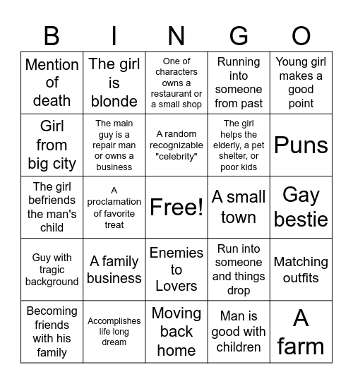 Hallmark Romantic Movie Bingo Card