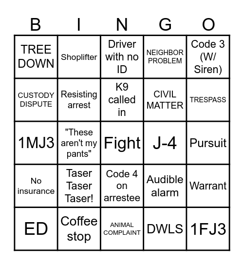 Police Bingo Card