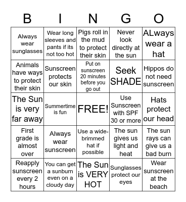Sun Safety Bingo Card