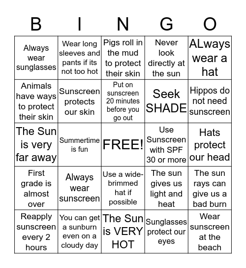 Sun Safety Bingo Card