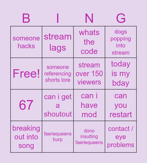 Faeriequeens Stream Bingo Card