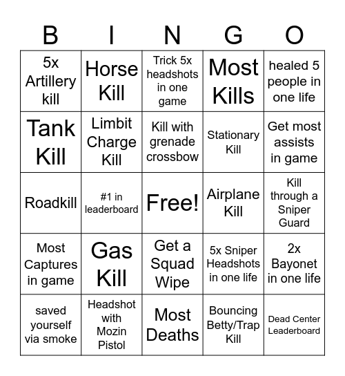 Battlefield 1 Bingo Card