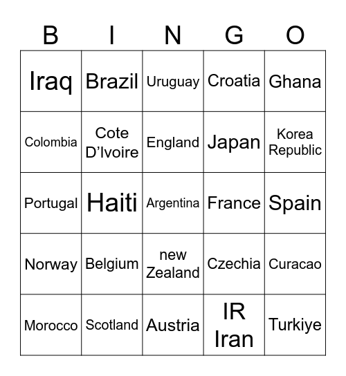 Bingo! world cup Bingo Card