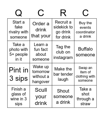 Cliffhanger Pub Crawl Bingo Card