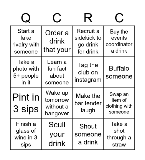 Cliffhanger Pub Crawl Bingo Card
