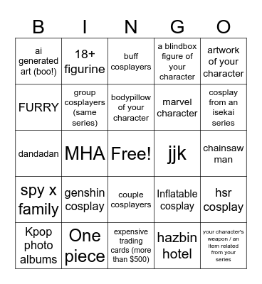 Cosplay Columbus Bingo Card
