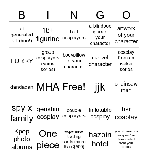 Cosplay Columbus Bingo Card