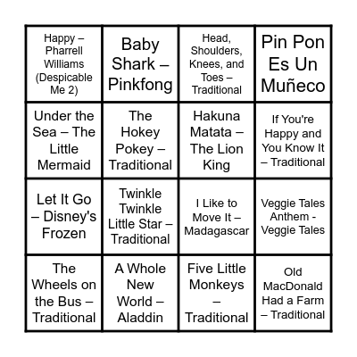 Baby's Playlist Bingo Card