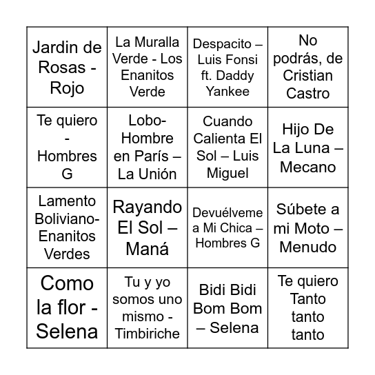 Fiesta de Rock Bingo Card