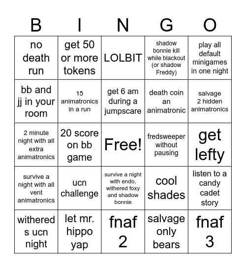 Frickbears 3 Bingo Card