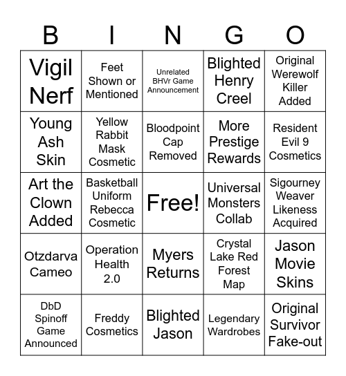 DBD 10th Anniversary Predictions Bingo Card
