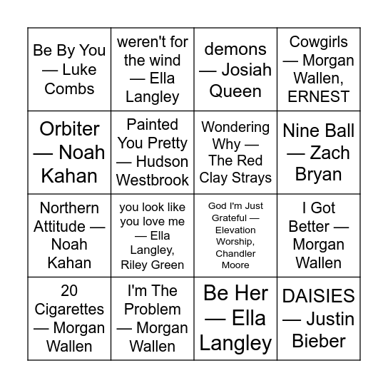 Daddy's List Bingo Card