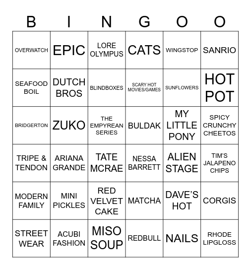 HEATHOR BINGOR Bingo Card