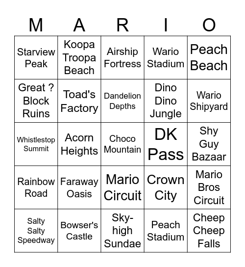Mario Kart World Track Bingo Card