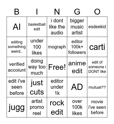 IG REELS EDIT EDITION Bingo Card
