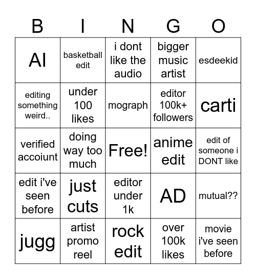 IG REELS EDIT EDITION Bingo Card