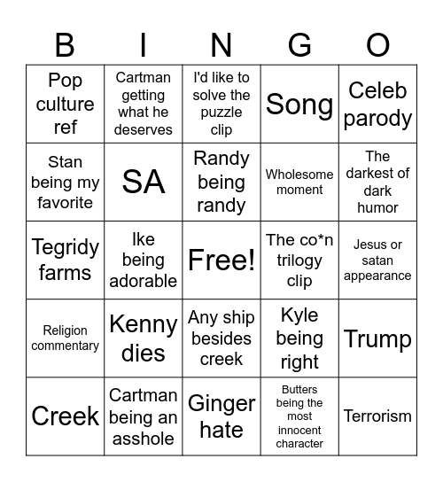 South Park bingo :33333 Bingo Card
