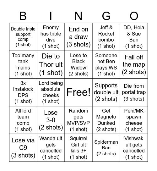Marvel Rivals Drinking Game Bingo Card