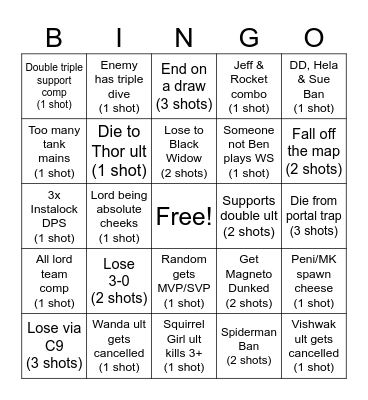 Marvel Rivals Drinking Game Bingo Card