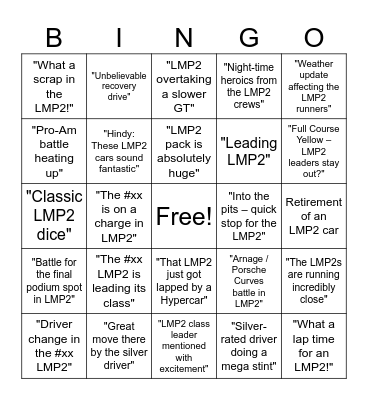 2026 LeMans LMGT3 Bingo Card