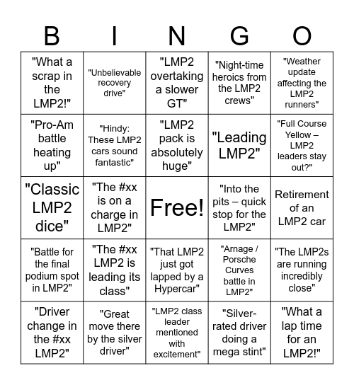 2026 LeMans LMGT3 Bingo Card