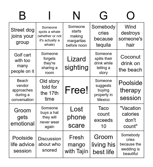 Jen & Tony's Wedding - Sayulita, Mexico Bingo Card