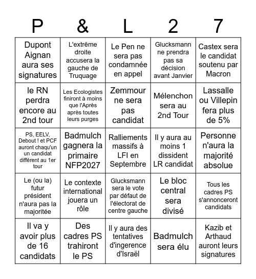Elections Présidentielle & Legislatives 2027 Bingo Card