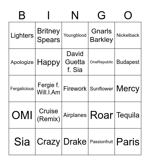 One Word Song Titles (Part 1) Bingo Card