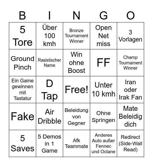 Rocket League Bingo Card