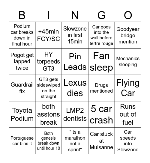 24hr Le Mans 2026 Bingo Card