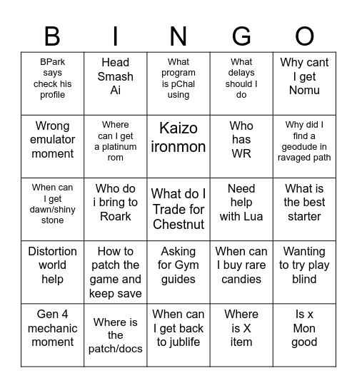 Platinum Kaizo FAQ's Bingo Card