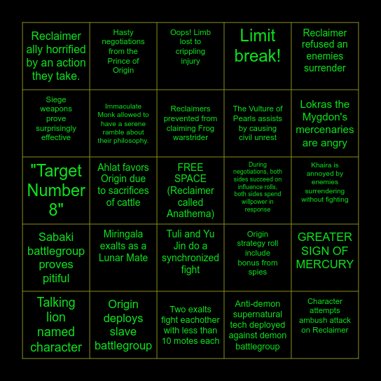 Battle For Origin Bingo Card