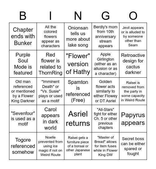 Deltarune Ch5 bingo Card