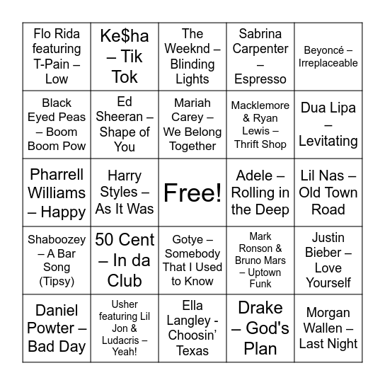 Round 1 - Billboard # Ones - Any BINGO Card
