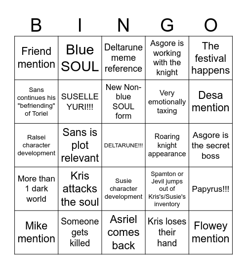 Deltarune Chapter 5 bingo Card