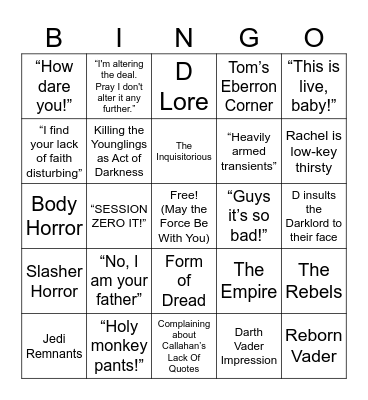 WWoDL: Star Wars Darth Vader Bingo Card