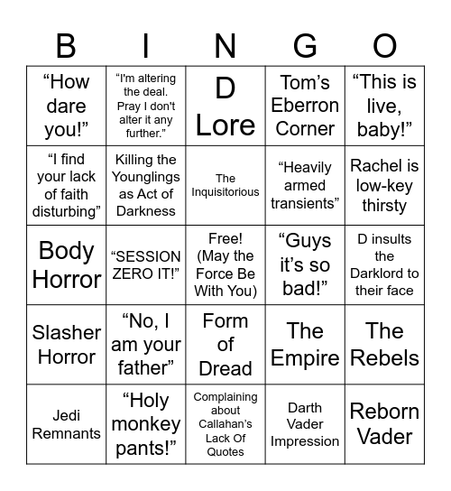 WWoDL: Star Wars Darth Vader Bingo Card