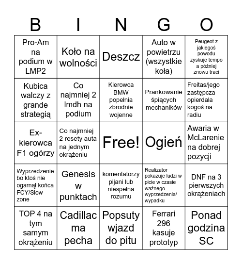 Le Mans 2026 Bingo Card
