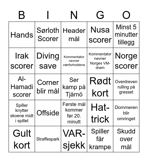 VM Norge Irak Bingo Card