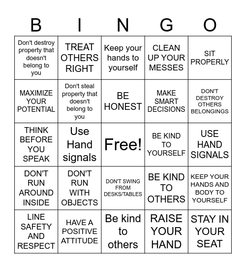 Classroom Expectations Bingo Card