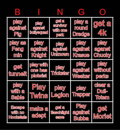 Knock out DBD Bingo Card