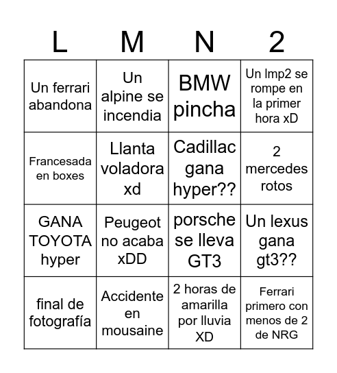 Lemans Bingo Card