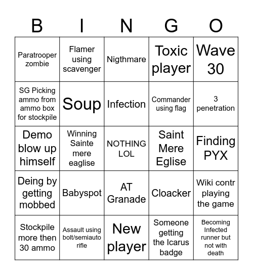 Untote player bingo Card