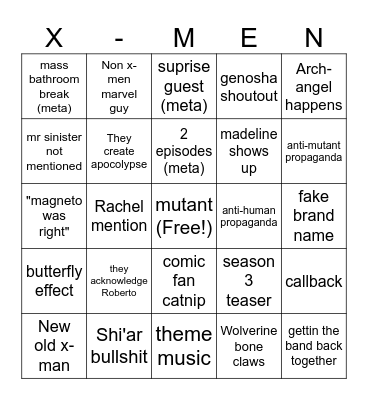xman bingo Card