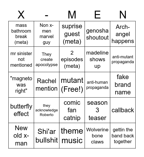 xman bingo Card