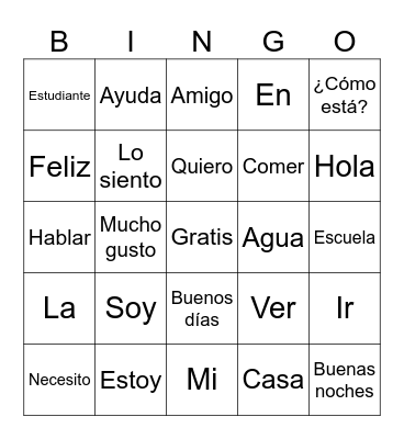 Beginner Spanish Bingo Card